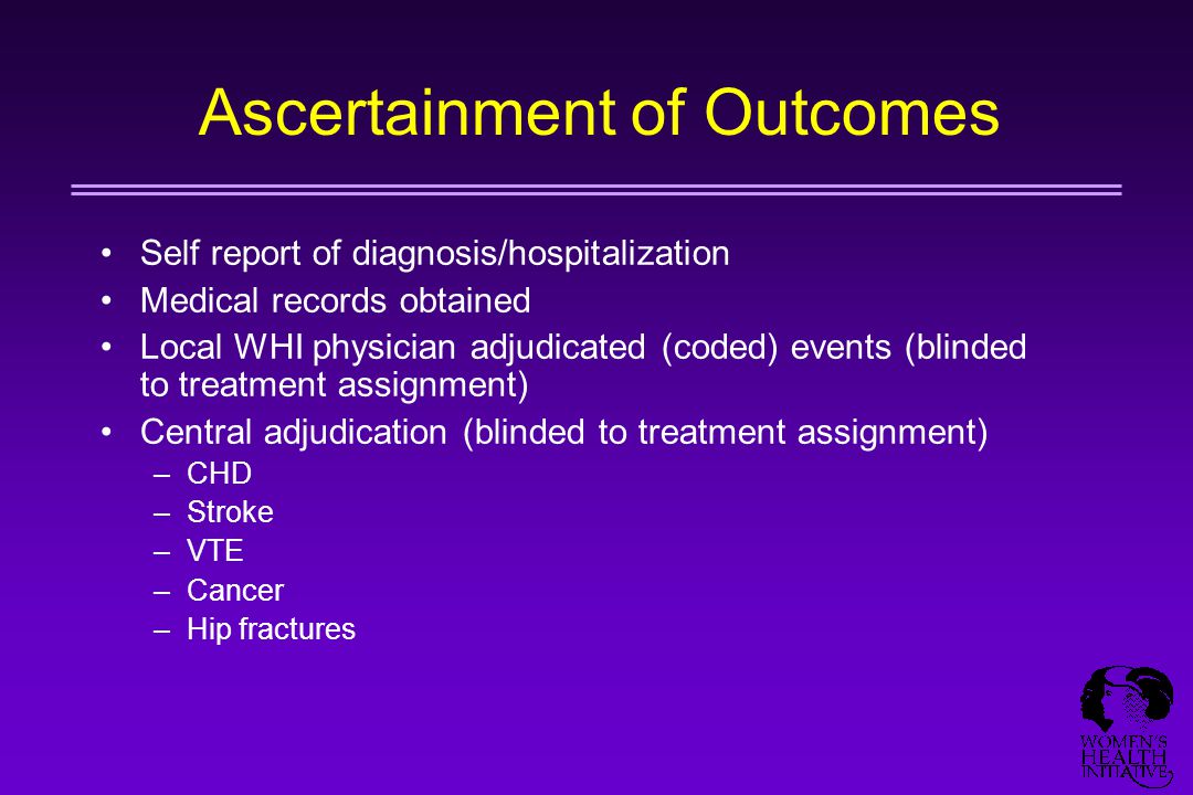 Ascertainment of Outcomes Self report of diagnosis/hospitalization Medical records obtained Local WHI physician adjudicated (coded) events (blinded to treatment assignment) Central adjudication (blinded to treatment assignment) –CHD –Stroke –VTE –Cancer –Hip fractures