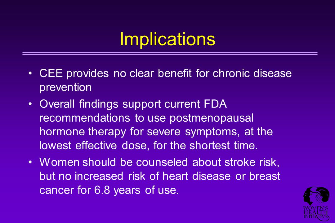 Implications CEE provides no clear benefit for chronic disease prevention Overall findings support current FDA recommendations to use postmenopausal hormone therapy for severe symptoms, at the lowest effective dose, for the shortest time.