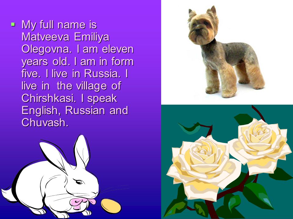 MMMMy full name is Matveeva Emiliya Olegovna. I am eleven years old.