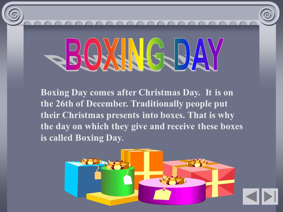 Christmas Day is on the 25th of December. British people celebrate this holiday with big dinners.