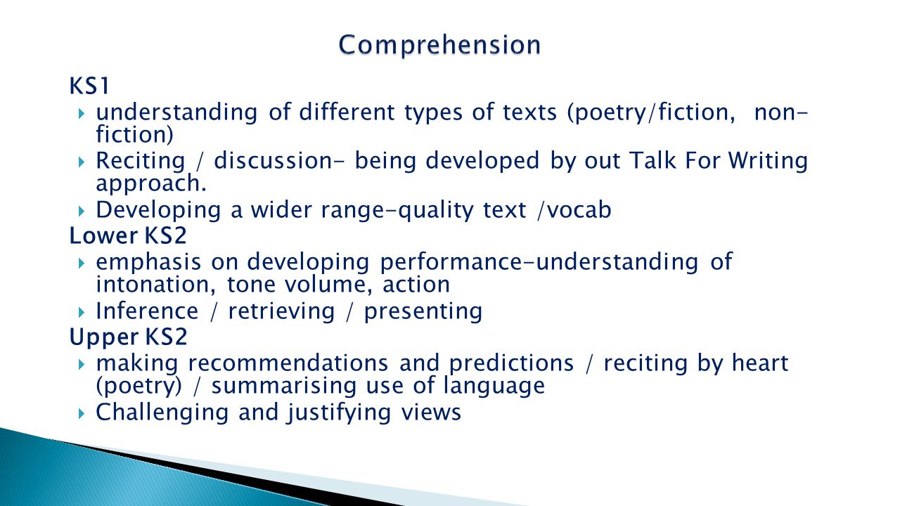 KS1  understanding of different types of texts (poetry/fiction, non- fiction)  Reciting / discussion- being developed by out Talk For Writing approach.