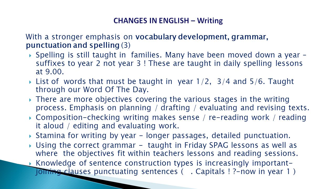 With a stronger emphasis on vocabulary development, grammar, punctuation and spelling (3)  Spelling is still taught in families.