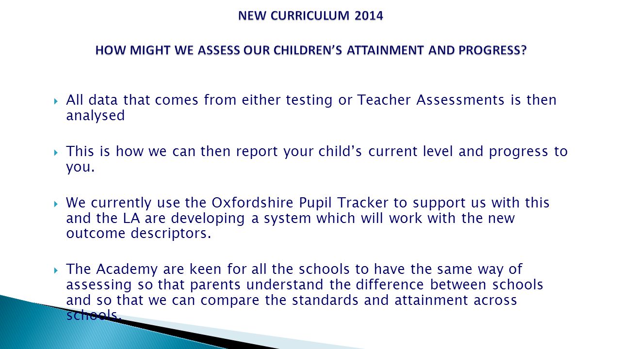  All data that comes from either testing or Teacher Assessments is then analysed  This is how we can then report your child’s current level and progress to you.