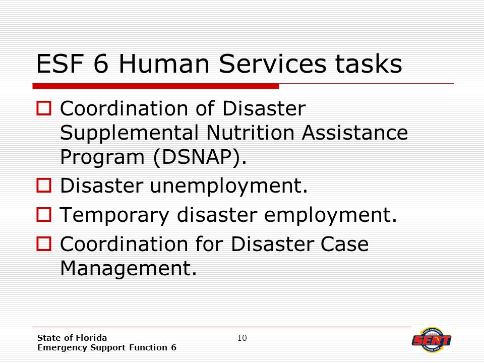State of Florida Emergency Support Function 6 10 ESF 6 Human Services tasks  Coordination of Disaster Supplemental Nutrition Assistance Program (DSNAP).