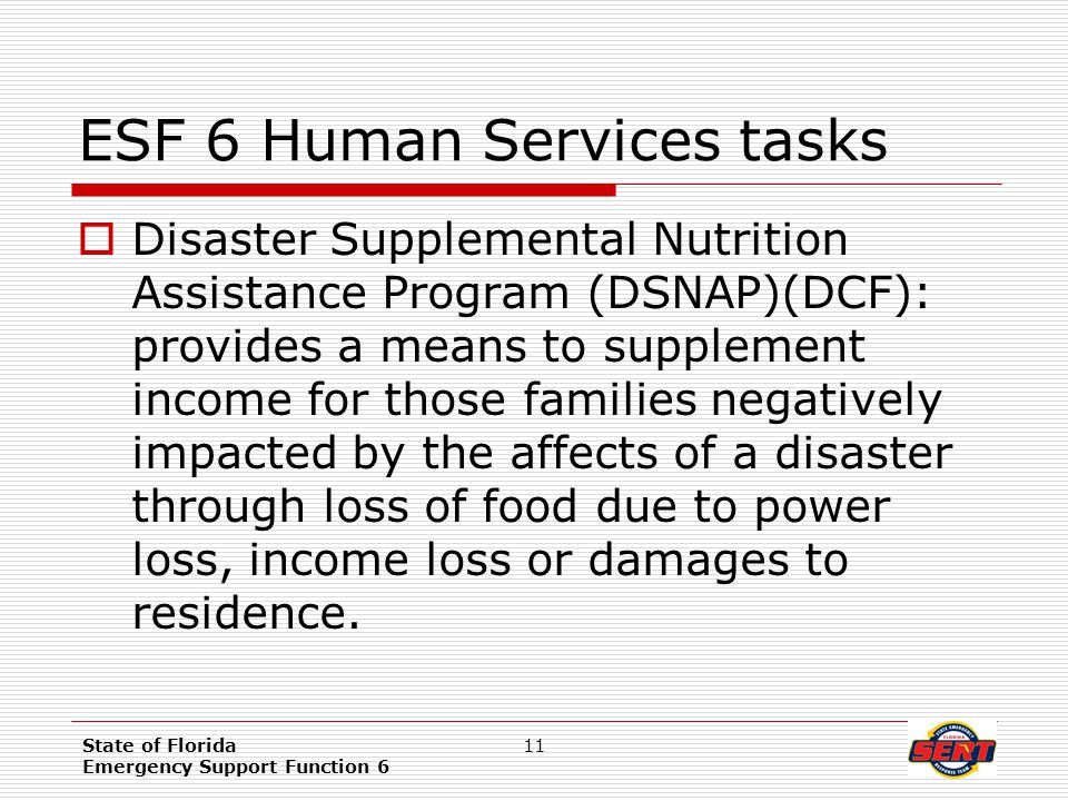 State of Florida Emergency Support Function 6 11 ESF 6 Human Services tasks  Disaster Supplemental Nutrition Assistance Program (DSNAP)(DCF): provides a means to supplement income for those families negatively impacted by the affects of a disaster through loss of food due to power loss, income loss or damages to residence.