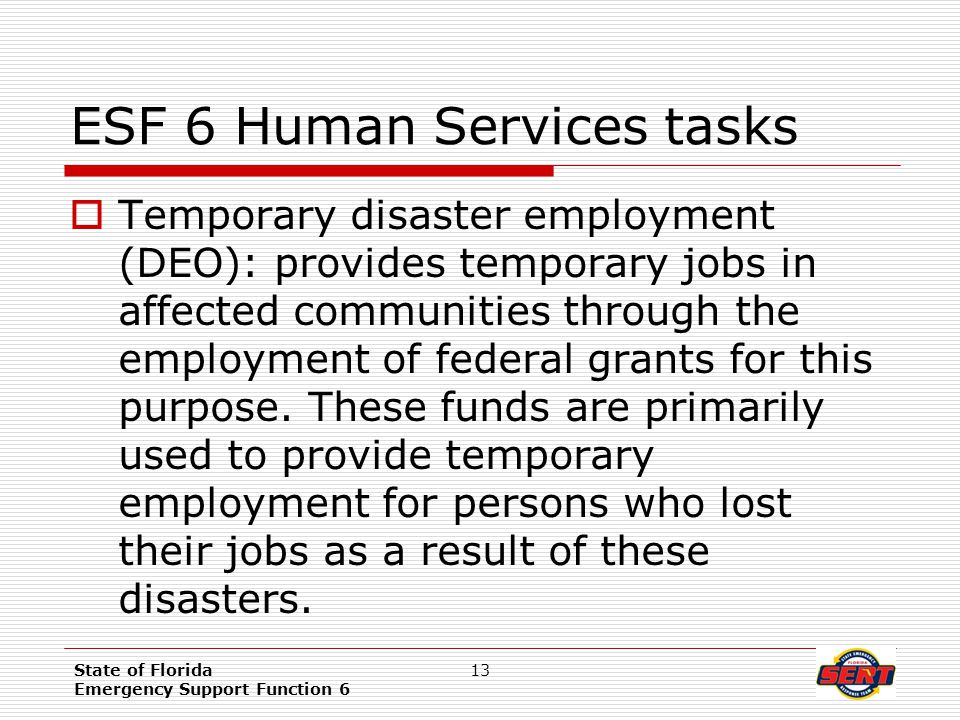 State of Florida Emergency Support Function 6 13 ESF 6 Human Services tasks  Temporary disaster employment (DEO): provides temporary jobs in affected communities through the employment of federal grants for this purpose.