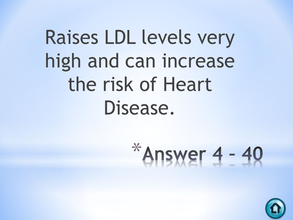 Raises LDL levels very high and can increase the risk of Heart Disease.