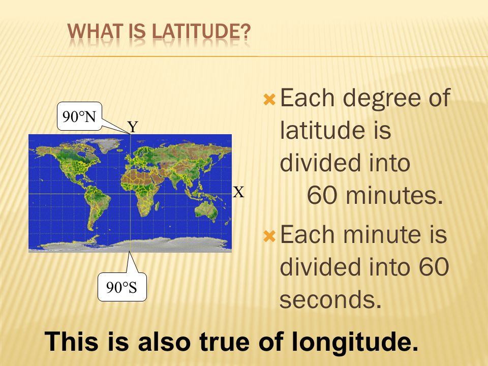  Each degree of latitude is divided into 60 minutes.