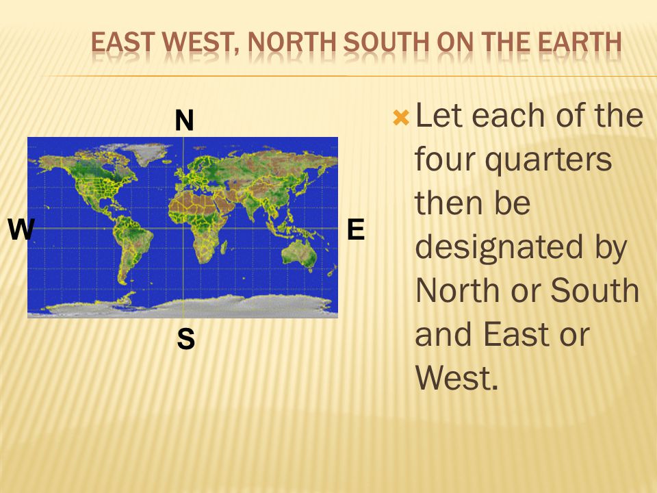  Let each of the four quarters then be designated by North or South and East or West. N S EW