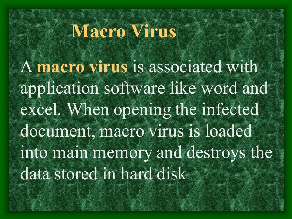 Macro Virus A macro virus is associated with application software like word and excel.