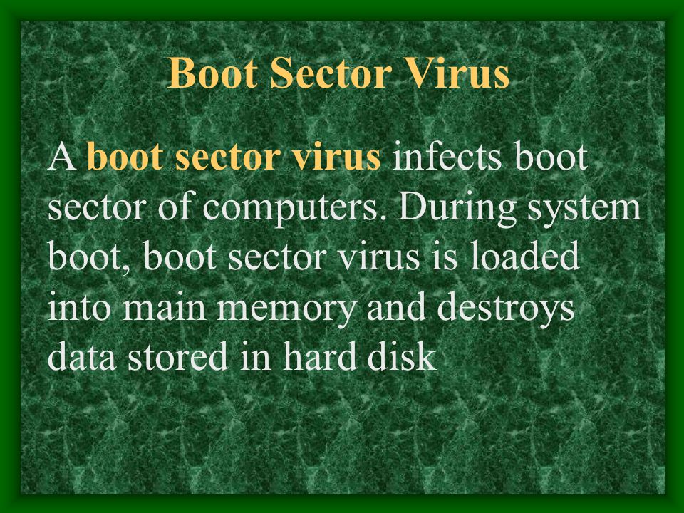 Boot Sector Virus A boot sector virus infects boot sector of computers.