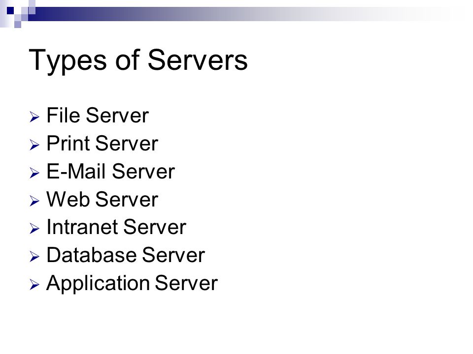 Types of Servers  File Server  Print Server   Server  Web Server  Intranet Server  Database Server  Application Server