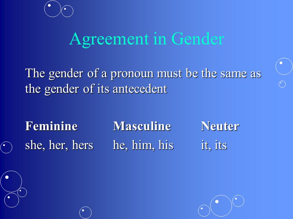 Agreement in Gender The gender of a pronoun must be the same as the gender of its antecedent FeminineMasculineNeuter she, her, hershe, him, hisit, its