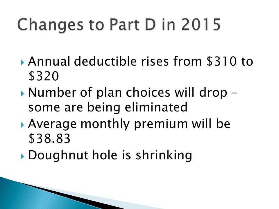  Annual deductible rises from $310 to $320  Number of plan choices will drop – some are being eliminated  Average monthly premium will be $38.83  Doughnut hole is shrinking