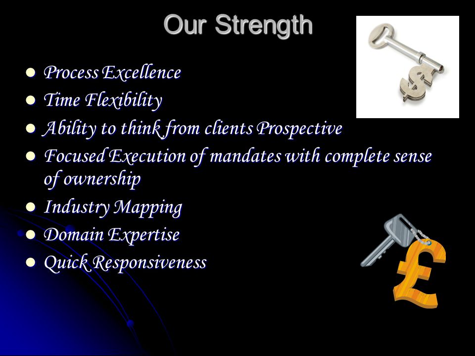 Process Excellence Process Excellence Time Flexibility Time Flexibility Ability to think from clients Prospective Ability to think from clients Prospective Focused Execution of mandates with complete sense of ownership Focused Execution of mandates with complete sense of ownership Industry Mapping Industry Mapping Domain Expertise Domain Expertise Quick Responsiveness Quick Responsiveness Our Strength