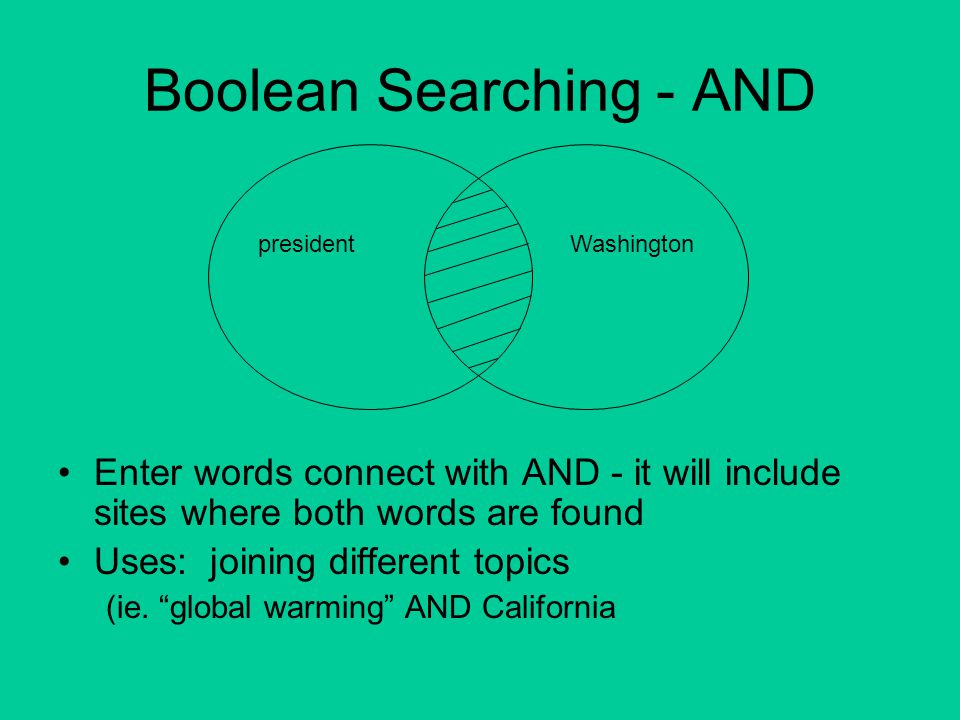 Boolean Searching - AND Enter words connect with AND - it will include sites where both words are found Uses: joining different topics (ie.
