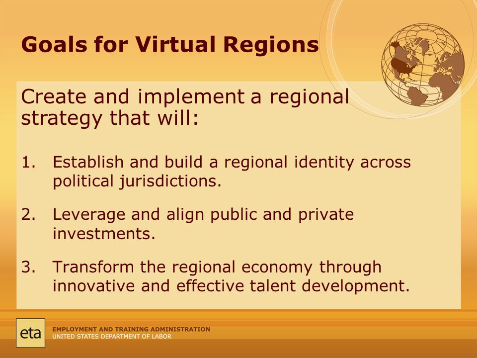 Goals for Virtual Regions 1.Establish and build a regional identity across political jurisdictions.