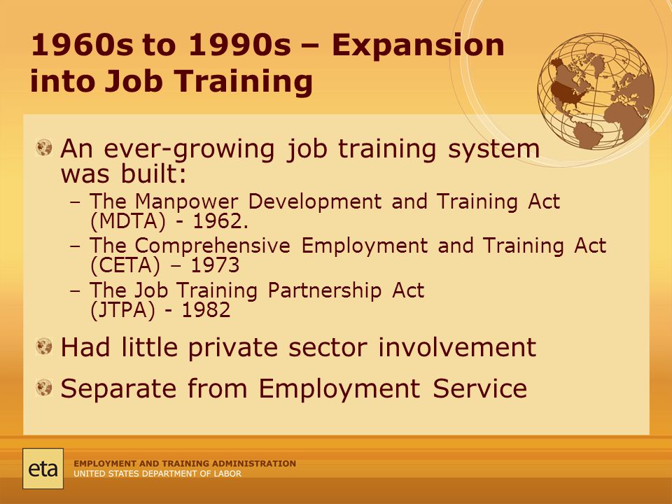 1960s to 1990s – Expansion into Job Training An ever-growing job training system was built: –The Manpower Development and Training Act (MDTA)