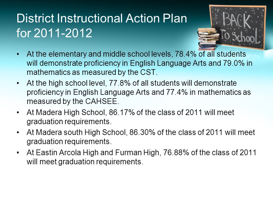 District Instructional Action Plan for At the elementary and middle school levels, 78.4% of all students will demonstrate proficiency in English Language Arts and 79.0% in mathematics as measured by the CST.