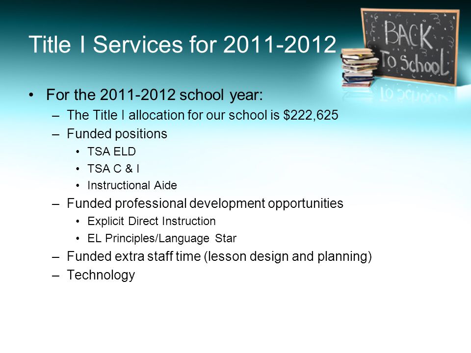 Title I Services for For the school year: –The Title I allocation for our school is $222,625 –Funded positions TSA ELD TSA C & I Instructional Aide –Funded professional development opportunities Explicit Direct Instruction EL Principles/Language Star –Funded extra staff time (lesson design and planning) –Technology