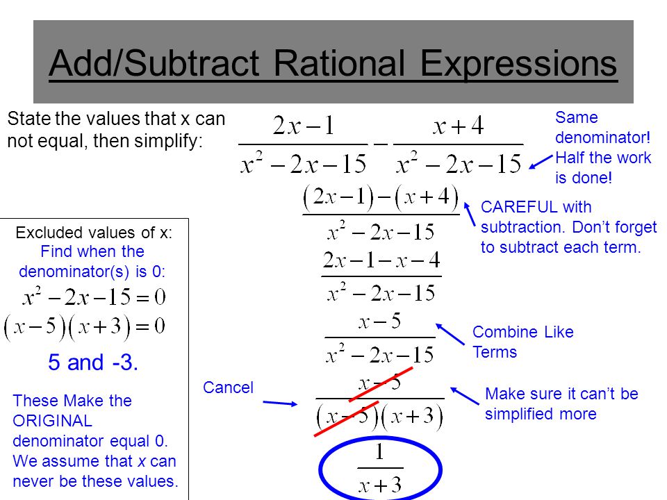 Add/Subtract Rational Expressions Same denominator.