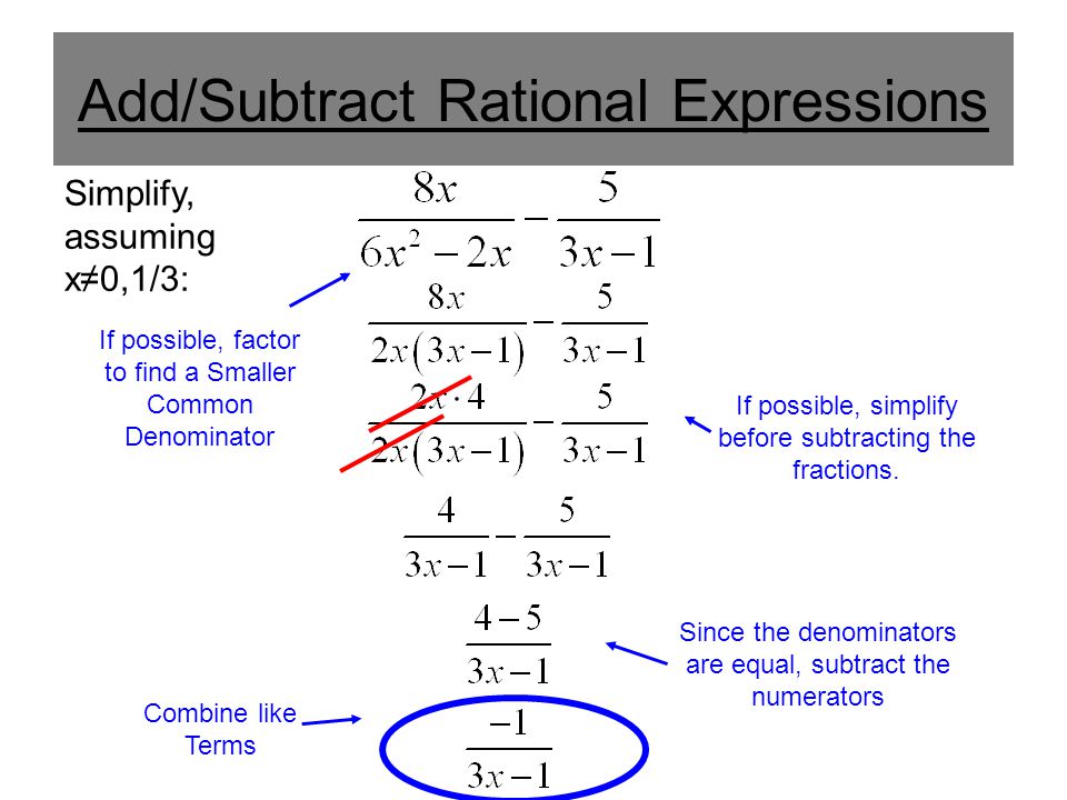 Add/Subtract Rational Expressions If possible, factor to find a Smaller Common Denominator If possible, simplify before subtracting the fractions.