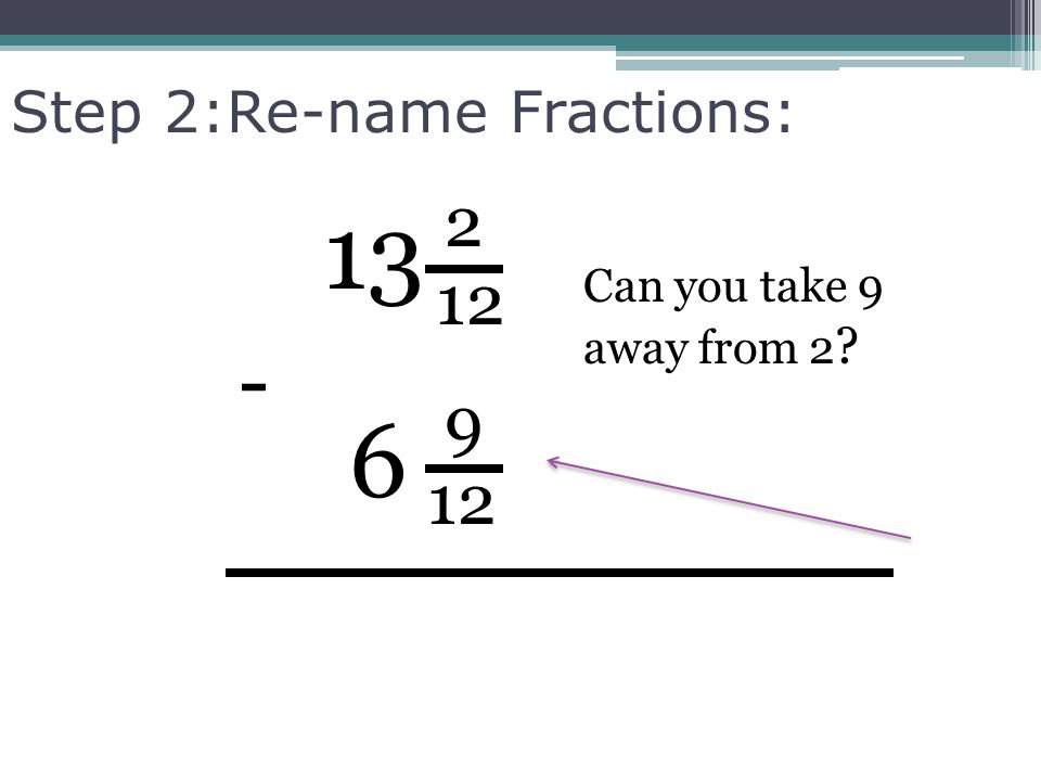 Step 2:Re-name Fractions: Can you take 9 away from 2