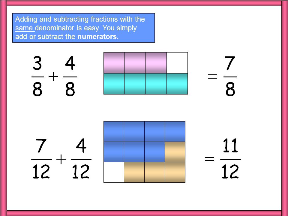 REMEMBER: Numerator Denominator Adding/subtracting fractions with the same denominator is easy.