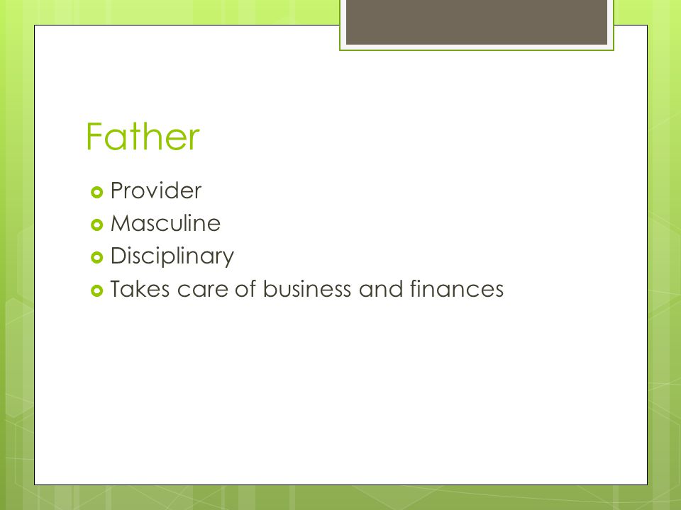 Father  Provider  Masculine  Disciplinary  Takes care of business and finances