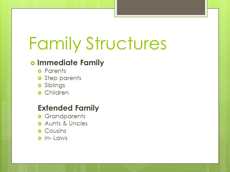 Family Structures  Immediate Family  Parents  Step parents  Siblings  Children Extended Family  Grandparents  Aunts & Uncles  Cousins  In- Laws
