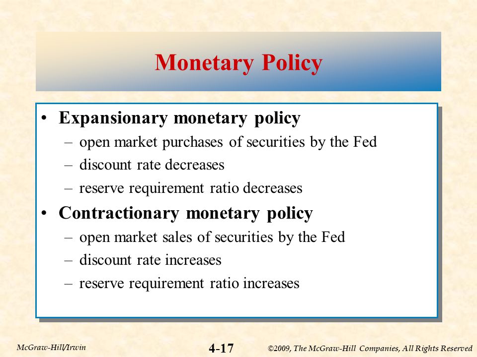 ©2009, The McGraw-Hill Companies, All Rights Reserved 4-17 McGraw-Hill/Irwin Monetary Policy Expansionary monetary policy –open market purchases of securities by the Fed –discount rate decreases –reserve requirement ratio decreases Contractionary monetary policy –open market sales of securities by the Fed –discount rate increases –reserve requirement ratio increases Expansionary monetary policy –open market purchases of securities by the Fed –discount rate decreases –reserve requirement ratio decreases Contractionary monetary policy –open market sales of securities by the Fed –discount rate increases –reserve requirement ratio increases
