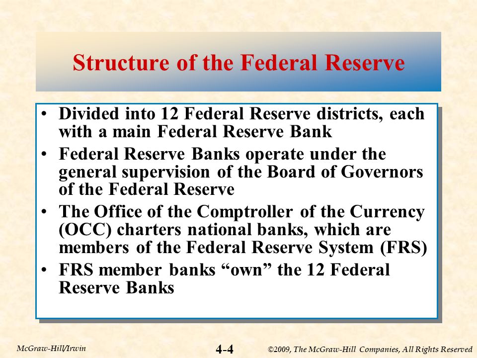 ©2009, The McGraw-Hill Companies, All Rights Reserved 4-4 McGraw-Hill/Irwin Structure of the Federal Reserve Divided into 12 Federal Reserve districts, each with a main Federal Reserve Bank Federal Reserve Banks operate under the general supervision of the Board of Governors of the Federal Reserve The Office of the Comptroller of the Currency (OCC) charters national banks, which are members of the Federal Reserve System (FRS) FRS member banks own the 12 Federal Reserve Banks Divided into 12 Federal Reserve districts, each with a main Federal Reserve Bank Federal Reserve Banks operate under the general supervision of the Board of Governors of the Federal Reserve The Office of the Comptroller of the Currency (OCC) charters national banks, which are members of the Federal Reserve System (FRS) FRS member banks own the 12 Federal Reserve Banks