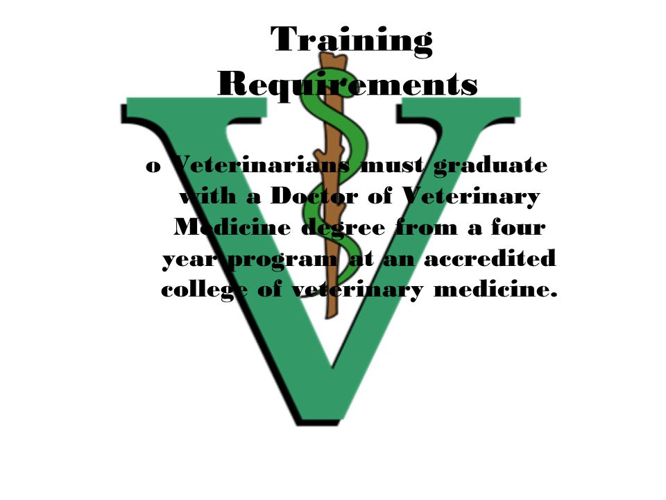 Training Requirements oVeterinarians must graduate with a Doctor of Veterinary Medicine degree from a four year program at an accredited college of veterinary medicine.