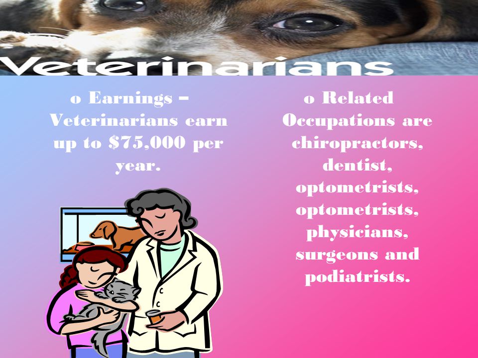 oEarnings – Veterinarians earn up to $75,000 per year.