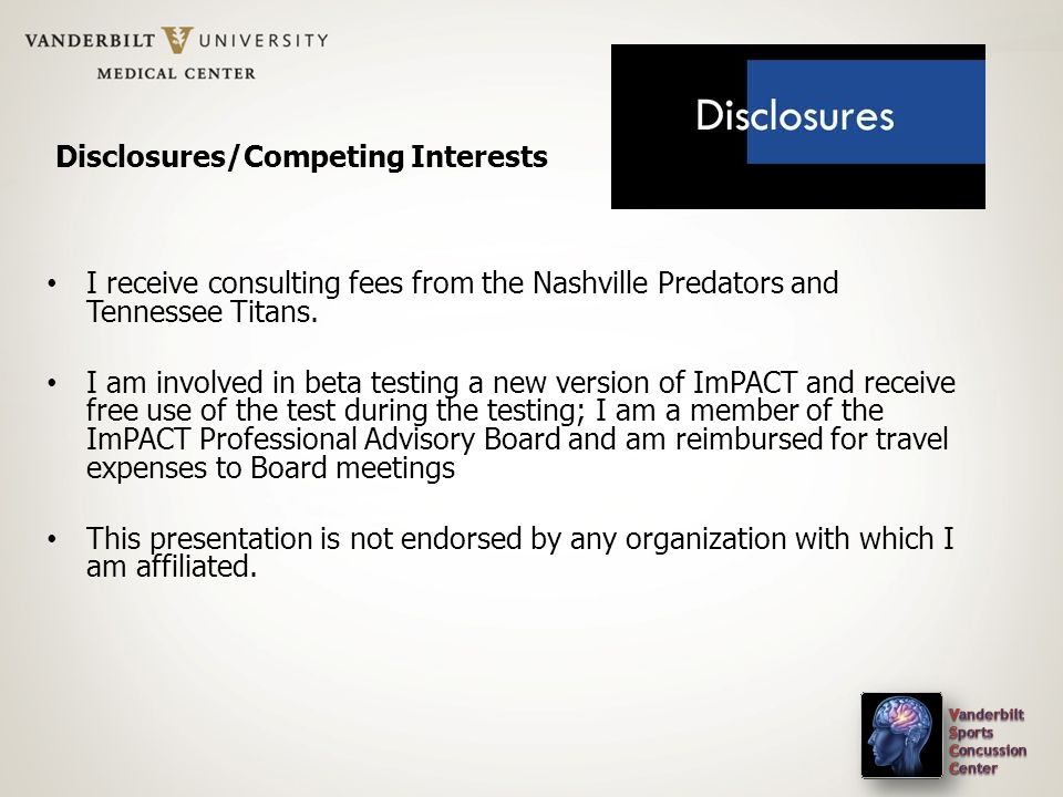 I receive consulting fees from the Nashville Predators and Tennessee Titans.