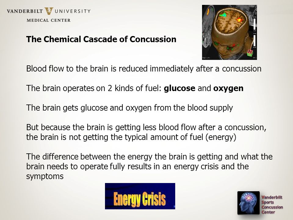 The Chemical Cascade of Concussion Blood flow to the brain is reduced immediately after a concussion The brain operates on 2 kinds of fuel: glucose and oxygen The brain gets glucose and oxygen from the blood supply But because the brain is getting less blood flow after a concussion, the brain is not getting the typical amount of fuel (energy) The difference between the energy the brain is getting and what the brain needs to operate fully results in an energy crisis and the symptoms