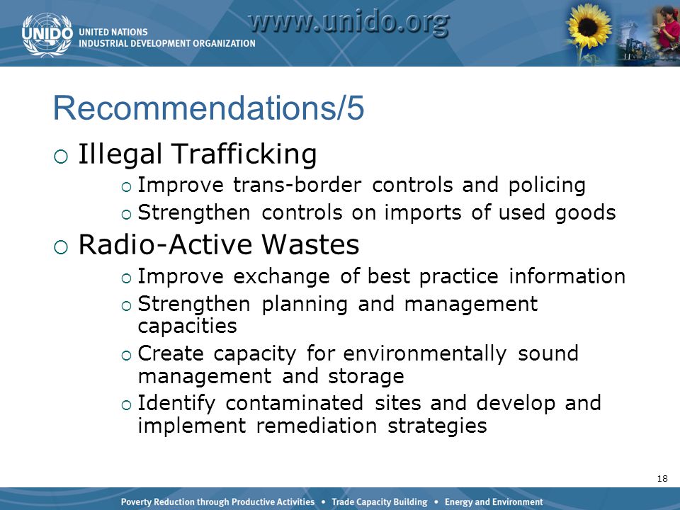 18 Recommendations/5  Illegal Trafficking  Improve trans-border controls and policing  Strengthen controls on imports of used goods  Radio-Active Wastes  Improve exchange of best practice information  Strengthen planning and management capacities  Create capacity for environmentally sound management and storage  Identify contaminated sites and develop and implement remediation strategies
