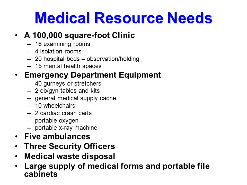 Medical Resource Needs A 100,000 square-foot Clinic –16 examining rooms –4 isolation rooms –20 hospital beds – observation/holding –15 mental health spaces Emergency Department Equipment –40 gurneys or stretchers –2 ob/gyn tables and kits –general medical supply cache –10 wheelchairs –2 cardiac crash carts –portable oxygen –portable x-ray machine Five ambulances Three Security Officers Medical waste disposal Large supply of medical forms and portable file cabinets
