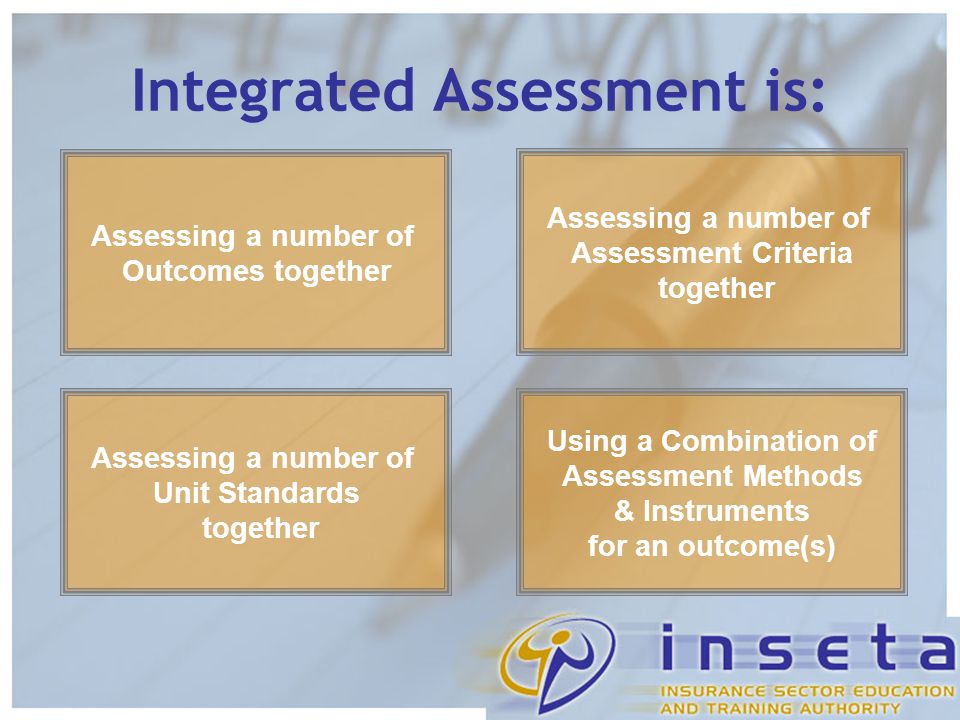 Integrated Assessment is: Assessing a number of Outcomes together Assessing a number of Assessment Criteria together Assessing a number of Unit Standards together Using a Combination of Assessment Methods & Instruments for an outcome(s)