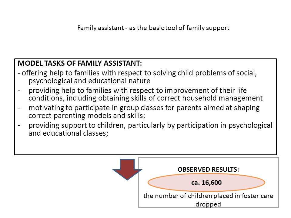 MODEL TASKS OF FAMILY ASSISTANT: - offering help to families with respect to solving child problems of social, psychological and educational nature -providing help to families with respect to improvement of their life conditions, including obtaining skills of correct household management -motivating to participate in group classes for parents aimed at shaping correct parenting models and skills; -providing support to children, particularly by participation in psychological and educational classes; Family assistant - as the basic tool of family support OBSERVED RESULTS: the number of children placed in foster care dropped ca.