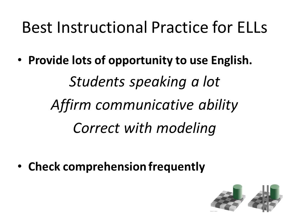 Best Instructional Practice for ELLs Provide lots of opportunity to use English.
