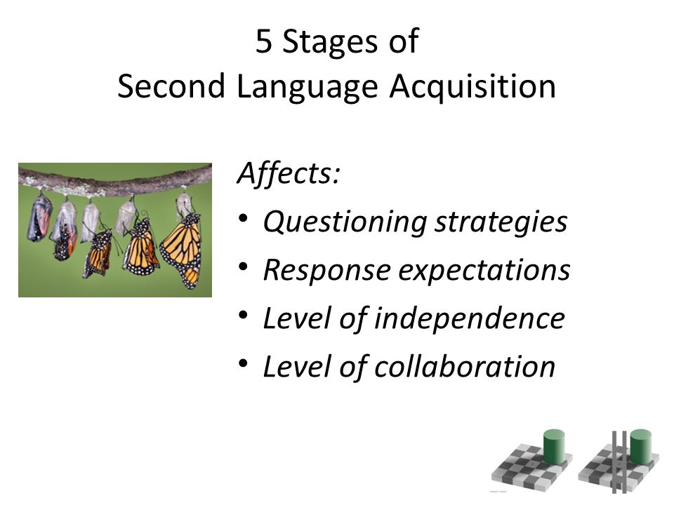5 Stages of Second Language Acquisition Affects: Questioning strategies Response expectations Level of independence Level of collaboration