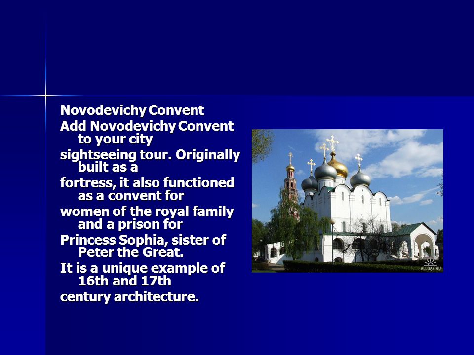 Novodevichy Convent Add Novodevichy Convent to your city sightseeing tour.