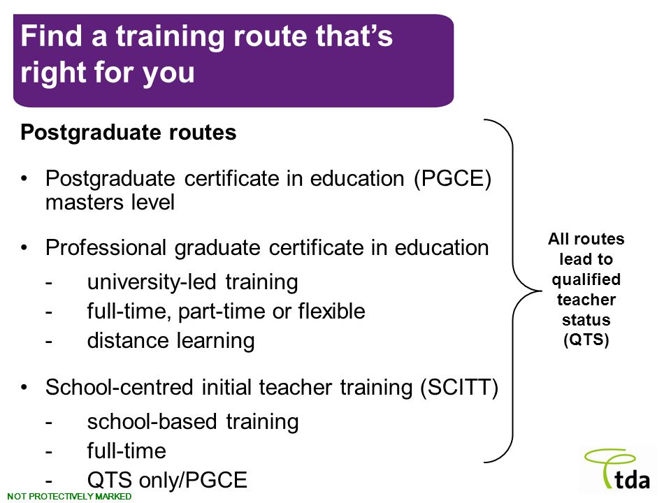 NOT PROTECTIVELY MARKED Postgraduate routes Postgraduate certificate in education (PGCE) masters level Professional graduate certificate in education -university-led training -full-time, part-time or flexible -distance learning School-centred initial teacher training (SCITT) -school-based training -full-time -QTS only/PGCE All routes lead to qualified teacher status (QTS) Find a training route that’s right for you
