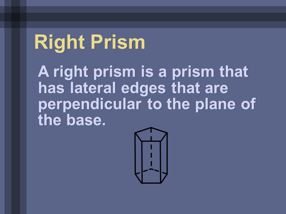 Right Prism A right prism is a prism that has lateral edges that are perpendicular to the plane of the base.