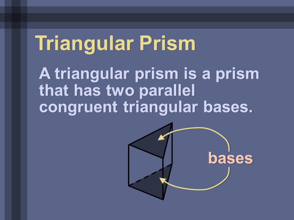 Triangular Prism A triangular prism is a prism that has two parallel congruent triangular bases.