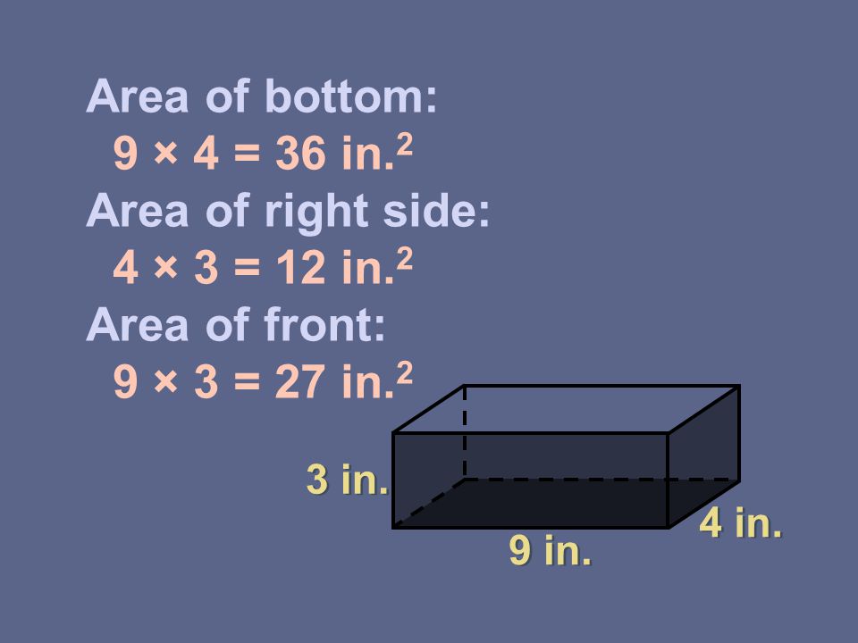 Area of bottom: 9 × 4 = 36 in. 2 Area of right side: 4 × 3 = 12 in.