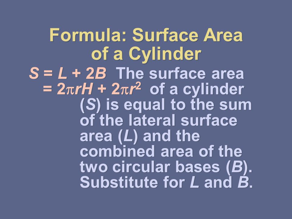 Formula: Surface Area of a Cylinder S = L + 2BThe surface area = 2  rH + 2  r 2 of a cylinder (S) is equal to the sum of the lateral surface area (L) and the combined area of the two circular bases (B).