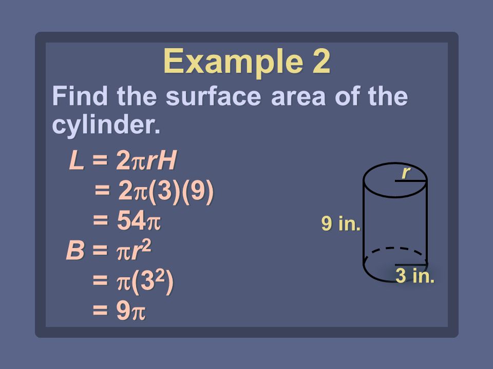 Find the surface area of the cylinder. L = 2  rH = 2  (3)(9) 9 in.