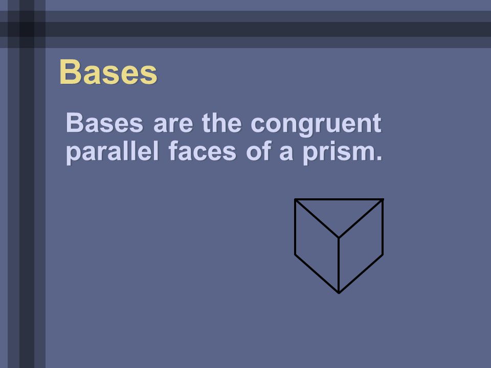 Bases Bases are the congruent parallel faces of a prism.